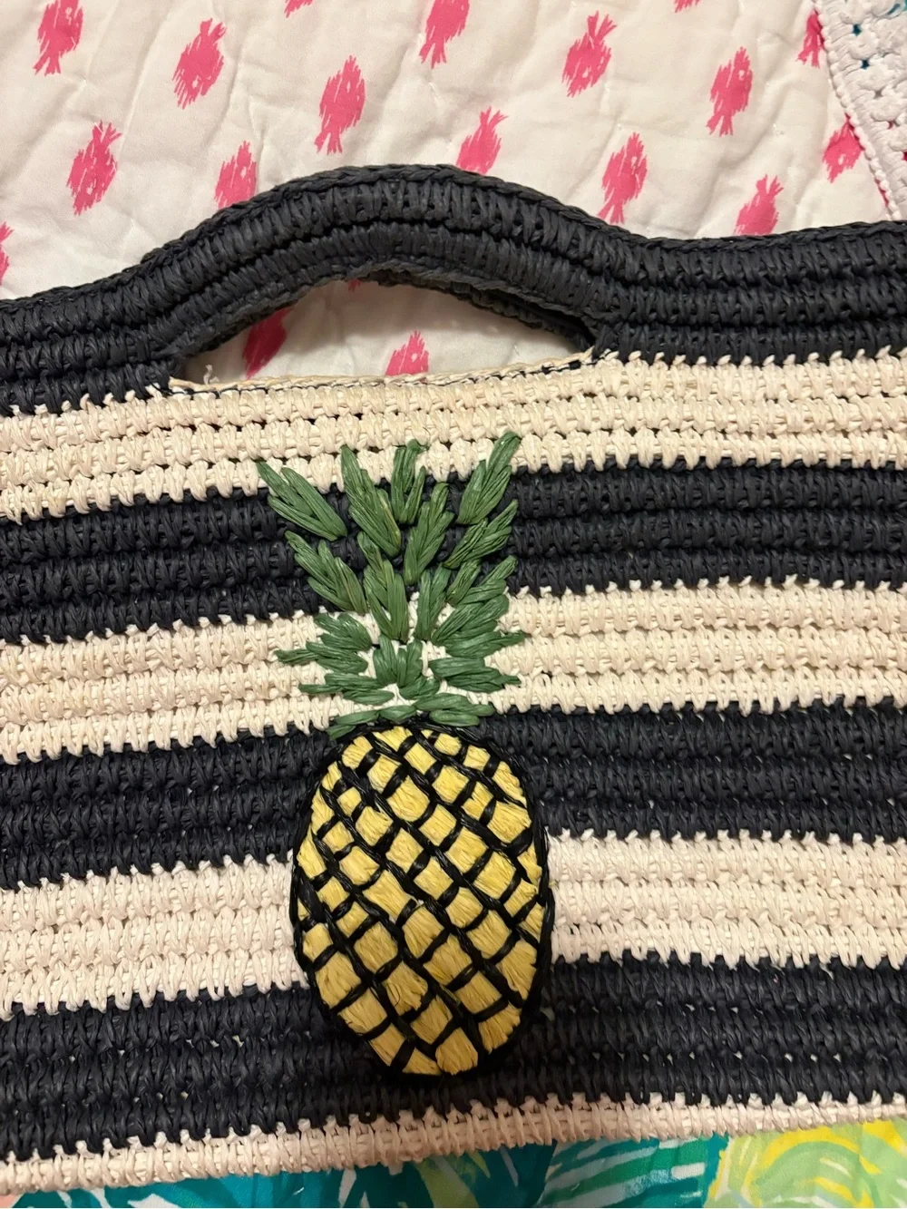 Talbots Striped Pineapple Crochet Tote Bag in Black and Cream
